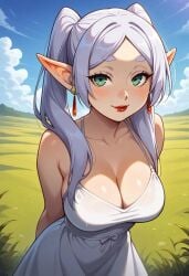 ai_generated clothed elf elf_ears elf_female frieren frieren_beyond_journey's_end grass looking_at_viewer needmymommy skirt wholesome wind