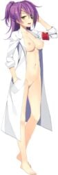 1girls absurdres bare_legs barefoot breasts breasts_out eye_patch female full_body game_cg hands_in_pockets highres juukishi_cutie_bullet kawasaki_maiko labcoat naked_labcoat ponytail purple_hair simple_background solo tied_hair white_background yellow_eyes yuuki_hagure