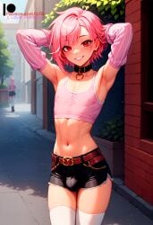 1boy 2024 2d ai_generated boy boy_focus boy_only bulge bulge_through_clothing choker crop_top edit edited exibitionism femboy flat_chest flat_chested hi_res high_resolution highres ilfb looking_at_viewer male male_only no_sex pink_eyes pink_hair pony_diffusion_xl public public_exposure public_indecency self_upload short_hair tagme trap uncensored watermark