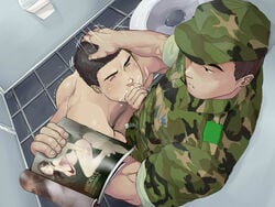 2boys against_wall army ass bara bathroom blush brown_hair camouflage clothed_male_nude_male cum cum_in_mouth cum_inside drooling fellatio gay hand_on_head magazine male male_only military motion_lines multiple_boys muscle muscles nude oral orgasm original original_character public_restroom saliva soldier sucking sweat toilet toilet_paper trembling uniform unzipped wince winemvee yaoi