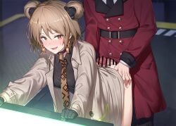 1boy bent_over black_gloves black_shirt blush breasts censored coat collared_shirt double_bun erection female girls'_frontline gloves grey_coat hair_bun hair_ornament ibuki_notsu imminent_penetration light_brown_hair long_sleeves medium_breasts necktie open_mouth orange_eyes p90_(girls'_frontline) penis red_coat shirt short_hair smile straight