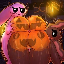 2girls big_ass big_breasts bodypaint bunny_girl cinnamon_(oxyoxyoxyox) female female_only halloween holidays huge_ass huge_breasts marshmallow_(oxyoxyoxyox) nude oxyoxyoxyox presenting smile smug_face take_your_pick