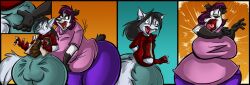 2017 anthro apple_(dutch) ass bear belly big_breasts big_butt black_hair bottomwear breasts bulge butt_grab canid canine clothed clothing detailed_bulge digital_media_(artwork) duo dutch_(artist) female fox giant_panda hair hand_on_butt huge_breasts male mammal mazed misty_the_mouse open_mouth overweight overweight_anthro overweight_female pants purple_hair shirt thick_thighs topwear