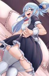 all_fours aqua_(konosuba) blue_eyes blue_hair edit from_behind garter_straps large_breasts looking_back maid_headdress maid_uniform pussy skirt_lift stable_diffusion thick_thighs