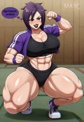 ai_generated big_ass big_breasts bubble_butt dumptruck_ass fighter huge_ass malicious_smile purple_hair shiny_skin thick_thighs