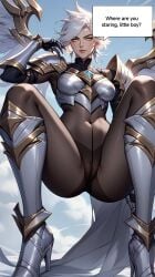 ai_generated angel angel_wings bodystocking female female_focus female_only golden_eyes kainl kayle league_of_legends pov pubic_hair pussy_visible_through_clothes riot_games solo solo_female solo_focus squatting staring_at_viewer tiptoe tiptoes white_hair