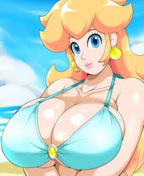 1girls beach bikini bikini_top blonde_hair blue_eyes breasts bursting_breasts busty cleavage earrings exhibitionism female female_only hair_down high_resolution huge_breasts human jewelry large_breasts lipstick looking_at_viewer makeup mario_(series) nintendo outdoors palette_swap princess_peach smile solo speeds swimsuit voluptuous