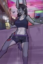 anthro belly black_hair bodily_fluids bottomwear canid canine canis city cityscape clothing female genital_fluids hair hi_res jackal lilianne mammal messy omorashi panties pants_wetting panty_wetting peeing rickwulfk95 shameless shirt shorts shorts_wetting solo tattoo top_(disambiguation) topwear underwear urine watersports wet wet_bottomwear wet_clothing wet_panties wet_shorts wet_underwear wetting wetting_bottomwear