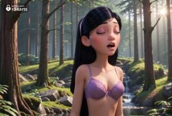 1girls ai_generated artist_name black_hair blush bow_bra bra breasts cleavage closed_eyes collarbone day disney eyeshadow female forest hairband hi_res lips long_hair makeup medium_breasts nature open_mouth outdoors pixar purple_bra purple_eyes purple_hairband r34arts small_breasts solo superhero superheroine teeth the_incredibles the_incredibles_2 tree underwear underwear_only upper_body violet_parr water younger_female