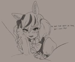 1boy animal_ears bow bowtie ear_bow ear_covers english_text female greyscale horse_ears male monochrome multicolored_hair nice_nature_(umamusume) oniyanna open_mouth penis penis_on_face solo_focus straight streaked_hair twintails umamusume uncensored