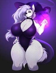 1girls 2024 anthro big_breasts canid canine female female_only fishnet_bodysuit fishnets fur furry grey_fur grey_hair hair_over_one_eye halloween hand_on_hip hellhound helluva_boss huge_breasts kiwipotato leotard long_hair looking_at_viewer loona_(helluva_boss) narrowed_eyes red_sclera solo tail thick_thighs very_high_resolution white_eyes white_fur witch_hat