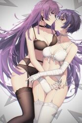 arm_around_waist ass_visible_through_thighs bandage bandaged_arm bare_arms bare_belly bare_shoulders black_bra black_panties black_thighhighs bra breast_press breasts choker cleavage collarbone earrings garter_belt garter_straps hand_on_another's_thigh kanbaru_suruga lace_bra lingerie long_hair medium_breasts monogatari_(series) panties parted_lips purple_eyes purple_hair red_eyes senjougahara_hitagi senjouhara_nira short_hair strap_slip thighhighs thighs underwear white_bra white_panties white_thighhighs yuri zettai_ryouiki