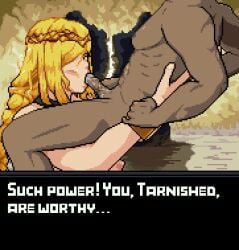 alternate_hairstyle baldur_89 big_breasts bigger_female blonde_female blonde_hair blowjob blowjob_face braided_hair dark-skinned_male dialogue dominant_female elden_ring fellatio femdom fromsoftware lifting lifting_person oral pixel_art queen queen_marika_the_eternal smaller_male sucking sucking_penis tarnished tiara