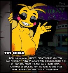 animatronic big_breasts breasts english english_text eyelashes five_nights_at_freddy&#039;s five_nights_at_freddy&#039;s_2 flashlight nipples panties sharp_teeth thick thick_thighs thighs toy_chica_(fnaf) yungcreateart