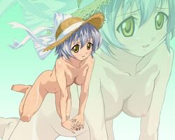 all_fours breasts female grey_hair hair hat headgear izumi_ako mahou_sensei_negima! nipples nude nude_filter ookaji_hiroyuki photoshop ribbon small_breasts solo straw_hat yellow_eyes zoom_layer