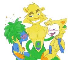 2016_rio_olympics 3boys blush drooling flora_fauna gay ginga ginga_(mascot) inkbunny low_effort low_res lowres male_only mascot mascots no_genitals no_sex not_porn? olympics open_mouth rio_2016_olympics tom_(mascot) unknown_artist vinicius_(mascot)