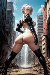 1robot_girl ai_generated android ass ass_focus big_breasts breasts high_heel_boots leotard looking_at_viewer looking_back nier:_automata pov robot_humanoid sarella shiny_latex short_hair thighhighs thighs white_hair yorha_2b