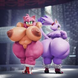 2girls absurd_res amy_rose amy_rose_(vulkyasha) anthro ass big_ass big_breasts big_butt blaze_the_cat blaze_the_cat_(vulkyasha) breasts curvy_figure domestic_cat duo felid feline felis female female_only hedgehog highres mammal nude sega smile smiling_at_viewer sonic_(series) sonic_the_hedgehog_(series) standing voluptuous vulkyasha