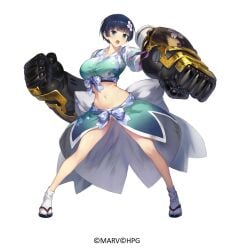 big_breasts blue_eyes brown_dust_2 gauntlets kimono looking_at_viewer mechanical_gauntlets mechanical_gloves official_art senran_kagura short_hair thick_thighs yozakura_(senran_kagura)