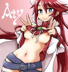 aty belt beret blue_eyes blush breasts cape double_v female hair hat headgear long_hair looking_at_viewer navel nipples red_hair smile solo summon_night summon_night_3 suzurino sweater sweater_lift v very_long_hair