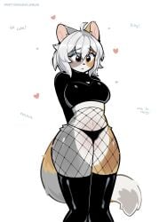 anthro black_panties black_top blush calico_cat calico_pattern cat_ears cat_tail catgirl compliments crop_top female fishnet_legwear fishnet_stockings fishnets furry furry_ears furry_female furry_tail mistysnugglebug praise praising shy stockings thick_thighs thigh_highs thighs thighs_together