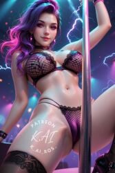 1girls absurd_res ai_generated aichallenge bra cameltoe hi_res high_heels highres k_ai_ros_ lingerie looking_at_viewer panties purple_eyes purple_hair short_hair solo stripper_pole watermark