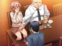 2boys asaoka_genzo beer black_socks blue_eyes blush breasts brown_hair can chair cheating clothes covering_mouth embarrassed fat_man father-in-law_and_daughter-in-law feet female fingering fish food game_cg glasses hair hand_over_own_mouth highres hinomoto_koharu indoors kedamono-tachi_no_sumu_ie_de large_breasts legs long_sleeves looking_at_another multiple_boys netorare pin-point plaid plaid_skirt pussy_juice raised_eyebrows rice short_hair sitting skirt socks sweater table takeda_hiromitsu tears thighs turtleneck under_the_table wet wooden_floor x-ray