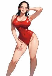 ai_generated alluring almost_naked almost_nude ass big big_breasts black_hair blue_eyes blush breasts earring earrings long_hair looking_at_viewer nico_robin one_piece red_swimsuit swimsuit z4zt3l4