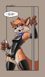 alcohol anthro armwear balls bedroom_eyes beer beer_foam beverage beverage_can big_tail blue_collar blue_eyes blue_nail_polish bubble canid canine cheek_tuft clothing collar comic dancing digital_drawing_(artwork) digital_media_(artwork) drunk drunk_bubble facial_tuft floofy_tail fox fur genitals grinning_at_viewer gynomorph heart_pendant hi_res holding_pole intersex latex latex_armwear latex_clothing latex_legwear latex_skinsuit latex_stockings latex_thigh_highs legwear mammal narrowed_eyes orange_body orange_fur penis pole pole_dancing rubber_clothing seductive shaded shaggy_hair simple_background simple_color simple_coloring simple_colors simple_shading skinsuit softailfox solo speech_bubble spot_color stockings substance_intoxication tail teeth_showing thebestfox thigh_highs tight_clothing tuft