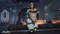 big_breasts covering_breasts covering_crotch exposed_breasts light-skinned_female looking_at_viewer mass_effect miranda_lawson stickybuns surprised wardrobe_malfunction