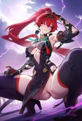 a1exwell ai_generated armpits boob_window female pointy_ears ponytail purple_eyes pussy pussy_juice pussy_juice_drip red_hair spread_legs squatting stable_diffusion thighhighs wuthering_waves yinlin_(wuthering_waves)