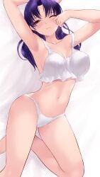 1girls bangs bare_shoulders blush breasts brown_eyes cait_aron exposed_breasts female female_only groggy lingerie long_hair looking_at_viewer misato_katsuragi necklace neon_genesis_evangelion nipples no_bra parted_bangs pendant purple_hair sleepy smile solo standing white_lingerie