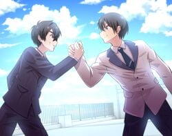 2boys aijou_rentarou black_hair blazer blue_necktie blue_sky brown_eyes cloud cloudy_sky commission crossover day eye_contact fence grin handshake highres jacket kanojo_mo_kanojo kimi_no_koto_ga_dai_dai_dai_dai_daisuki_na_100-nin_no_kanojo looking_at_another mukai_naoya multiple_boys necktie on_rooftop outdoors pants red_necktie school_uniform sky smile spookypandagirl trait_connection