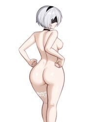 1girls ass blushypixy blushyspicy breasts nier nier:_automata nier_(series) nipples nude nude_female short_hair solo solo_female white_background white_hair yorha_2b