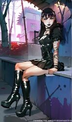 ai_generated black_hair futanari goth goth_girl green_eyes leather_boots naughty_face piercings stiletto_heels tattoos