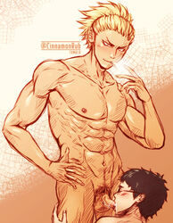 2boys abs blush body_hair cigarette drooling erection fellatio glasses grin haikyuu!! male male_only multiple_boys muscle nude oral pecs penis saliva smile smoke sucking takeda_ittetsu teeth testicles ukai_keishin wince yaoi