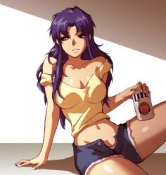 bangs bare_shoulders beer blush breasts brown_eyes exposed_breasts female female_only long_hair looking_at_viewer misato_katsuragi necklace neon_genesis_evangelion nipples no_bra parted_bangs pendant purple_hair shanabi smile solo standing