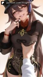 ai_generated breast_grab brown_hair clothed female_focus genshin_impact hat hu_tao_(genshin_impact) long_sleeves looking_at_viewer nail_polish naughty_face patreon patreon_username pov small_breasts standing trugprz