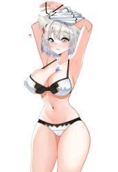 big_breasts blush bra cameltoe catgirl commission core_crystal embarrassed erect_nipples female femsub gold_eyes grey_hair highres i_am_anddo large_breasts lips mio_(xenoblade) panties puffy_lips short_hair undressing white_background xenoblade_(series) xenoblade_chronicles_3