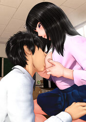 1boy bare_legs black_hair blush breast_sucking breasts classroom female indoors ironsugar necktie on_table one_breast_out original purple_eyes school_uniform sitting skirt spread_legs straight unbuttoned window wooden_floor