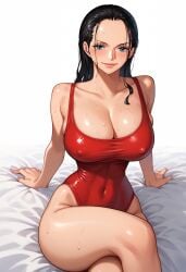 ai_generated alluring almost_naked almost_nude ass big big_breasts black_hair blue_eyes blush breasts earring earrings long_hair looking_at_viewer nico_robin one_piece red_swimsuit swimsuit z4zt3l4