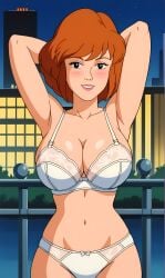 ai_eyes ai_generated april_o'neil april_o'neil_(tmnt_1987) arms_up big_breasts bonnieaiart boobs breasts brown_hair smile teenage_mutant_ninja_turtles white_bra white_panties