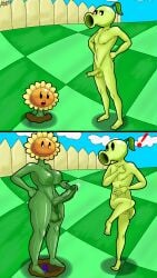 1boy 1futa al3kz big_balls big_breasts big_penis breasts breasts cock cum cum_drip dildo erection foreskin funny futanari green_body green_skin happy looking_at_another male nude_futanari nude_male outside peashooter_(pvz) penis penis_size_difference plant plants_vs_zombies popcap_games showing_penis sunflower sunflower_(pvz) surprised surprised_face