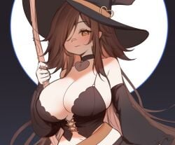 bare_shoulders belly_button big_breasts black_sleeves blush breasts broomstick brown_hair choker clothed halloween halloween_costume heart-shaped_pupils heart_choker indie_virtual_youtuber long_hair looking_at_viewer moon night sky_(skyaboveme) skyaboveme very_long_hair virtual_youtuber witch_hat yellow_eyes