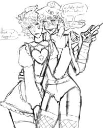 2boys bandages costume crossdressing decora degradation doodle hand_on_waist homophobic_slur male male_in_lingerie male_only mean no_visible_genitalia nurse_cap nurse_uniform skinny syringe thighhighs uncolored uncomfortable vrtualangelz