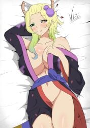 bed blonde_hair breasts cleavage female female_only green_hair heterochromia kimono laying_down laying_on_bed lucoa miss_kobayashi's_dragon_maid multicolored_hair seductive tagme vdrawstuff