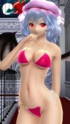 1girls 2023 3d adult_female bat_wings belly_button bikini breasts cleavage hati_yukkuri_mmd hips indoors light-skinned_female light_blue_hair looking_at_viewer magenta_bikini mansion mmd mob_cap night night_sky red_eyes red_ribbon remilia_scarlet short_hair_female solo_female solo_focus swimsuit touhou vampire waist wings