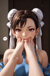 2girls ai_generated bare_shoulders barefoot brown_eyes_female brown_hair_female bun_cover chun-li cunningstuntda earrings foot_fetish pov_eye_contact speech_bubble street_fighter sucking_toes toes twin_buns