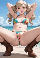 1girls ai_generated ann_takamaki bikini bikini_aside bikini_bottom bikini_bottom_aside bikini_top boots persona persona_5 presenting_pussy pussy solo solo_focus spread_legs spread_pussy squatting