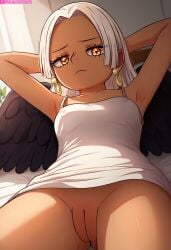 1girls 3d ai_generated black_wings bored_expression cameltoe dark-skinned_female female female_only hands_behind_head innie_pussy one_piece s-snake_(one_piece) scandaliciousai scandalousai seraphim_(one_piece) shortstack tired_eyes white_hair wings